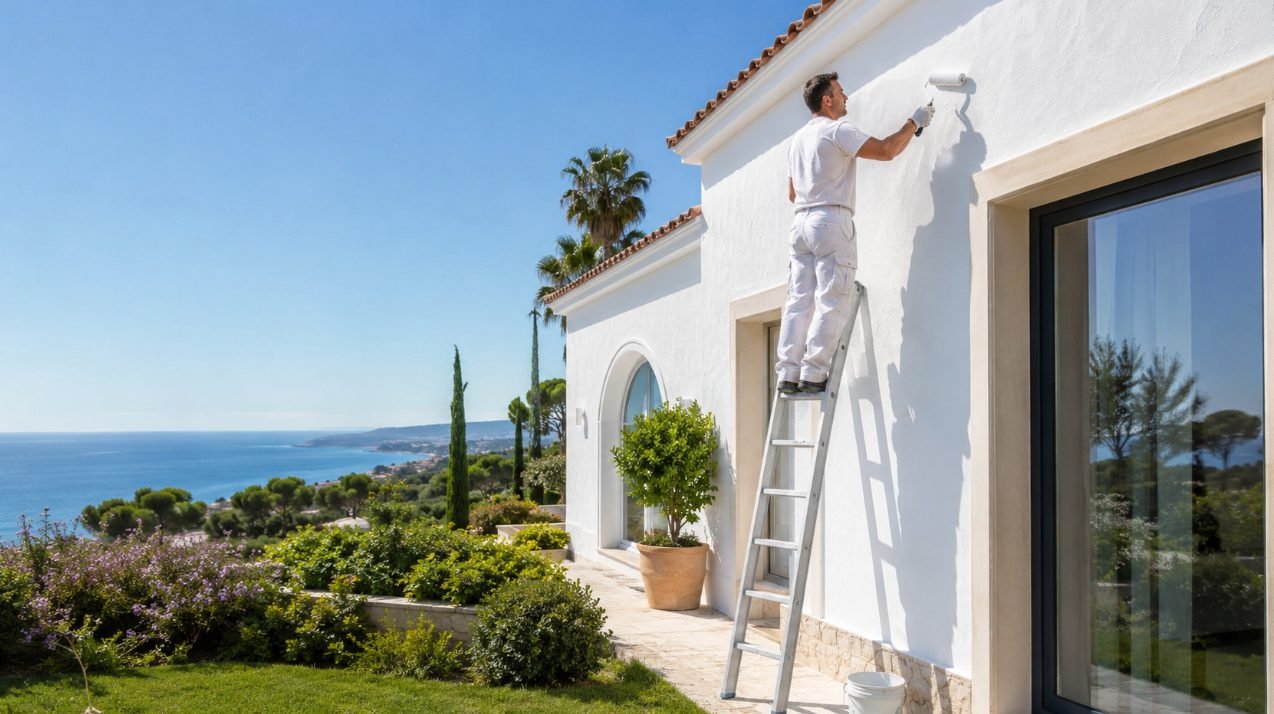 Pintor pintando la fachada de una casa unifamiliar en Sitges