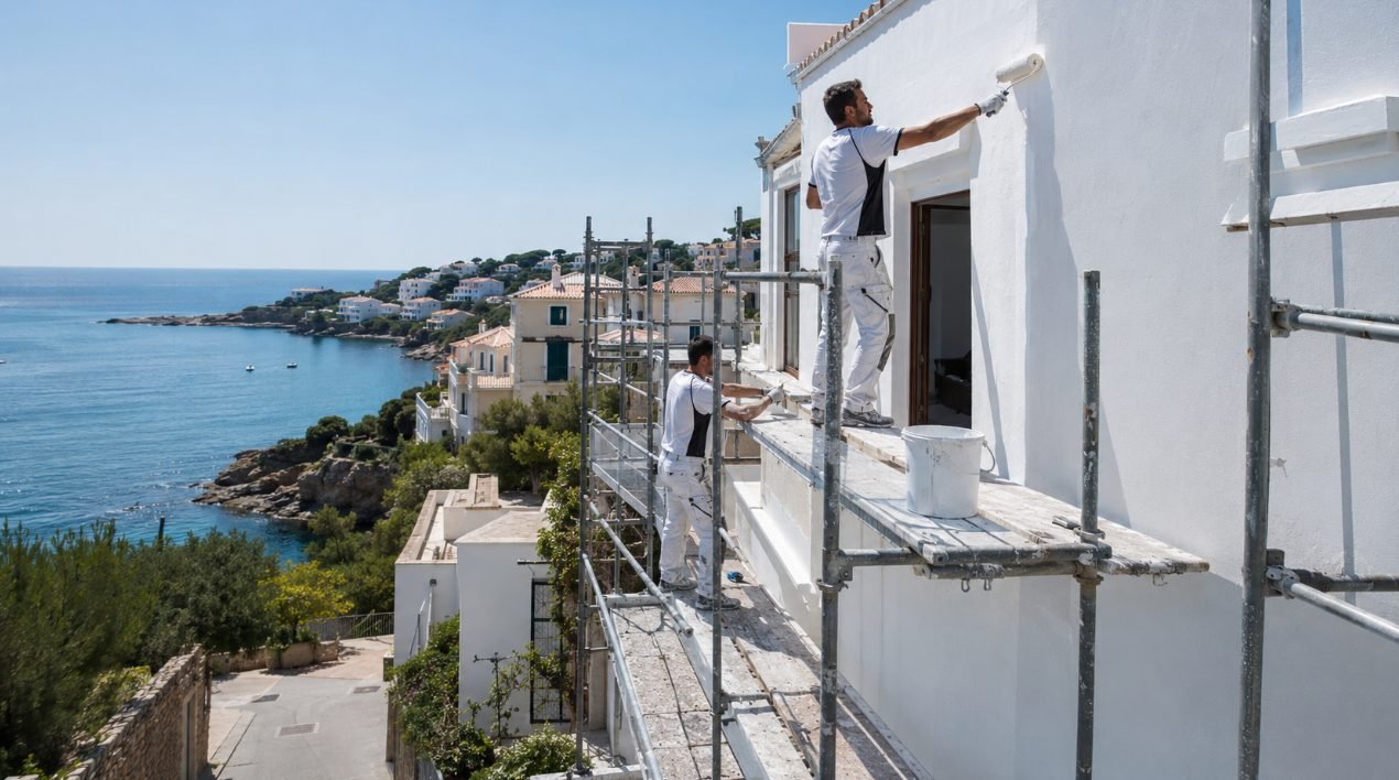 Pintores en andamios pintando una fachada frente al mar en Sitges