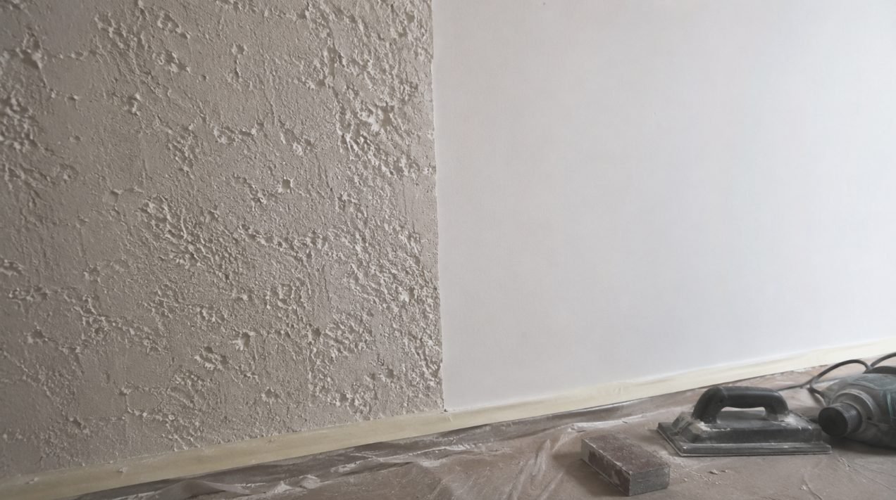 Pared antes y después de quitar el gotelé y alisar en Sitges