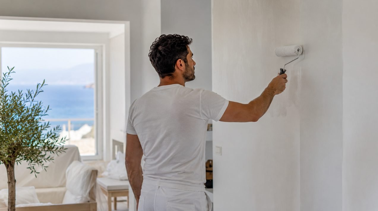 Pintores en Sitges aplicando pintura en una vivienda con vistas al mar