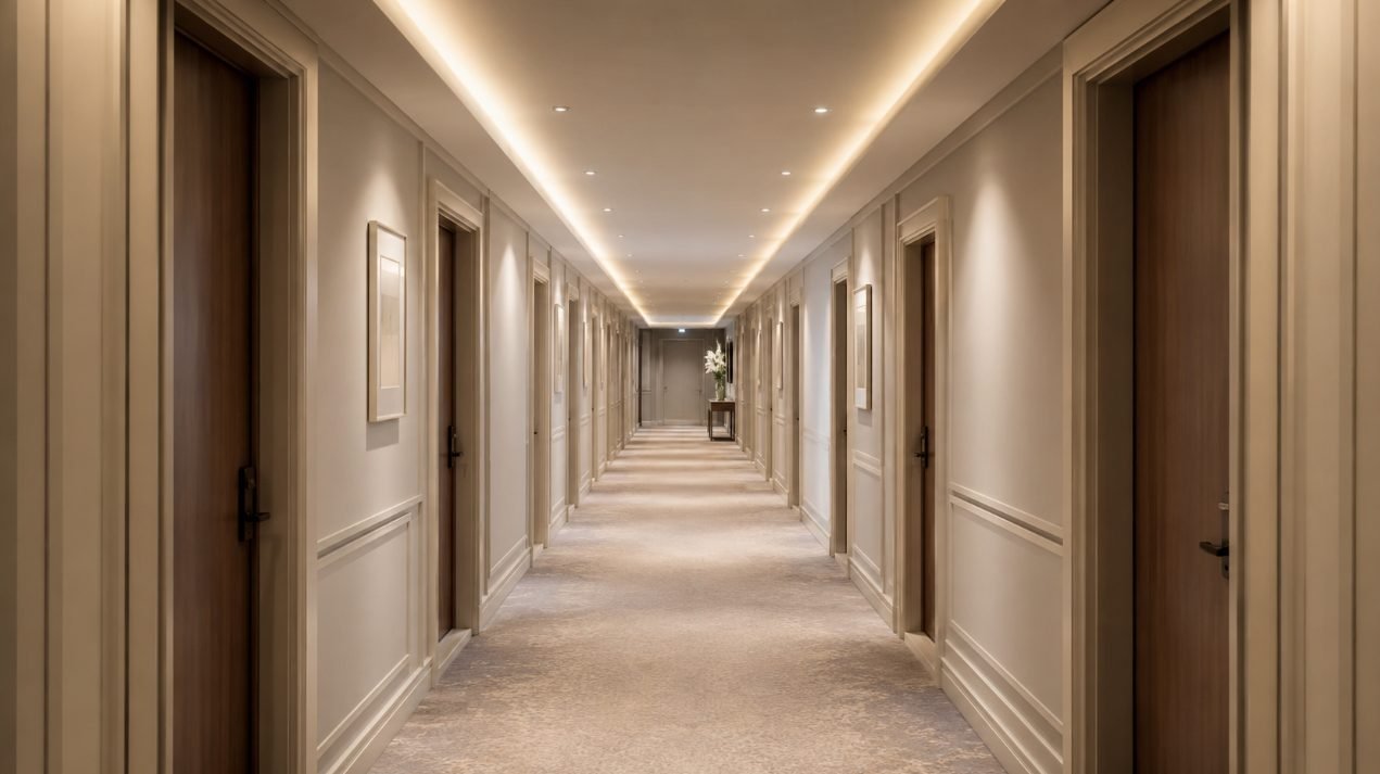Pasillo de hotel en Sitges con paredes y puertas recién pintadas