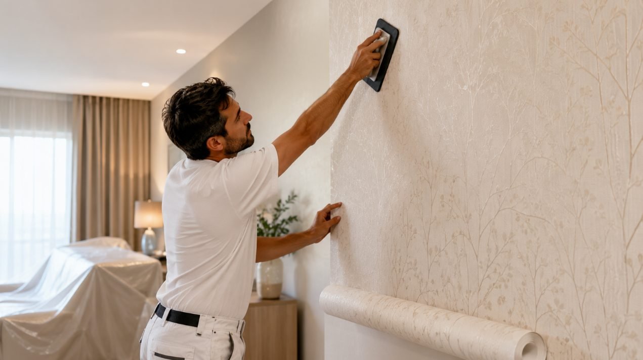 Colocación de papel pintado en la pared de un salón en Sitges